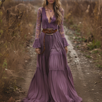Retro V-neck Lace Linen Women's Long-sleeved Long Skirt Pastoral Style Linen Dress